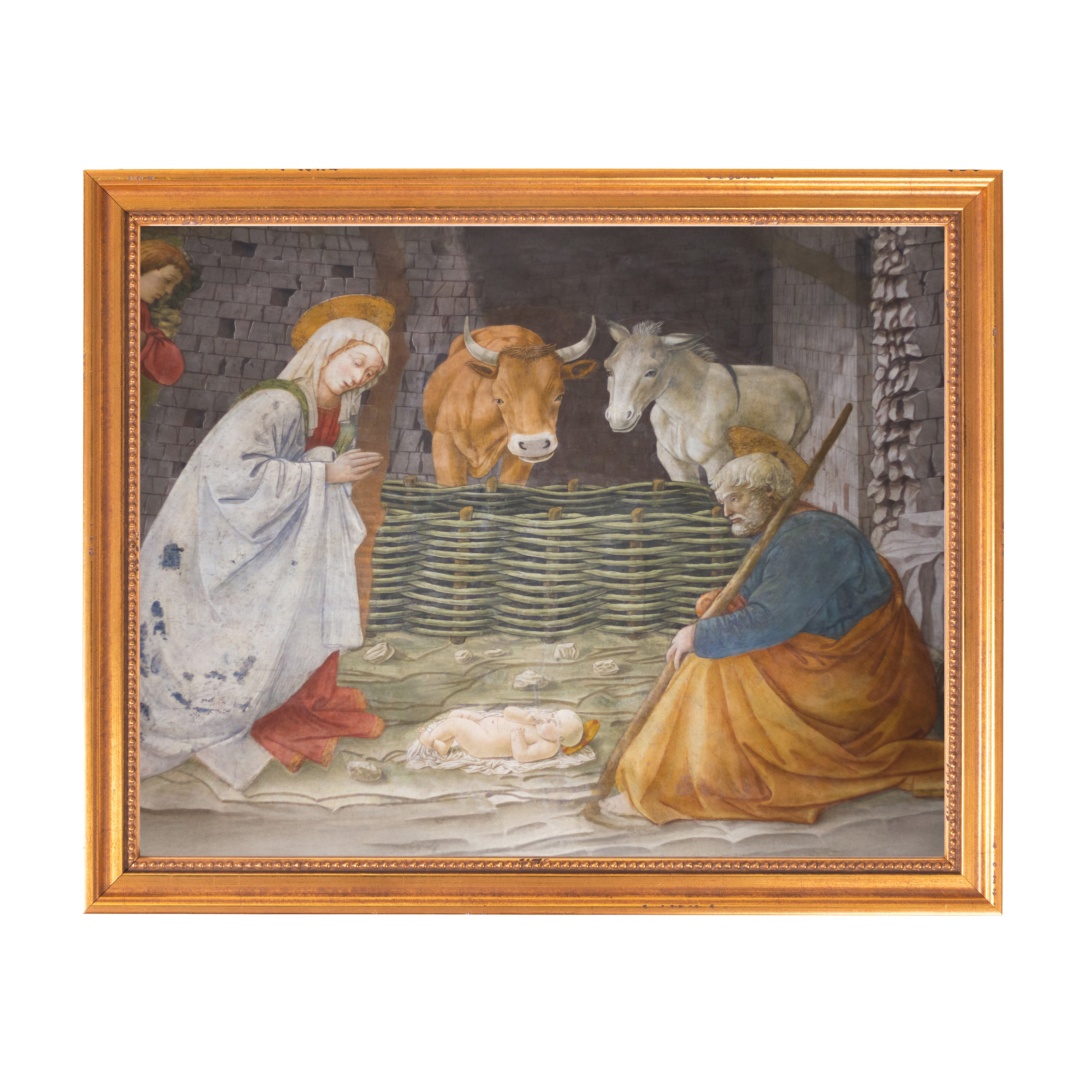 Framed Nativity scene in painted wood, with Mary, Joseph, baby Jesus, and animals in a stable.