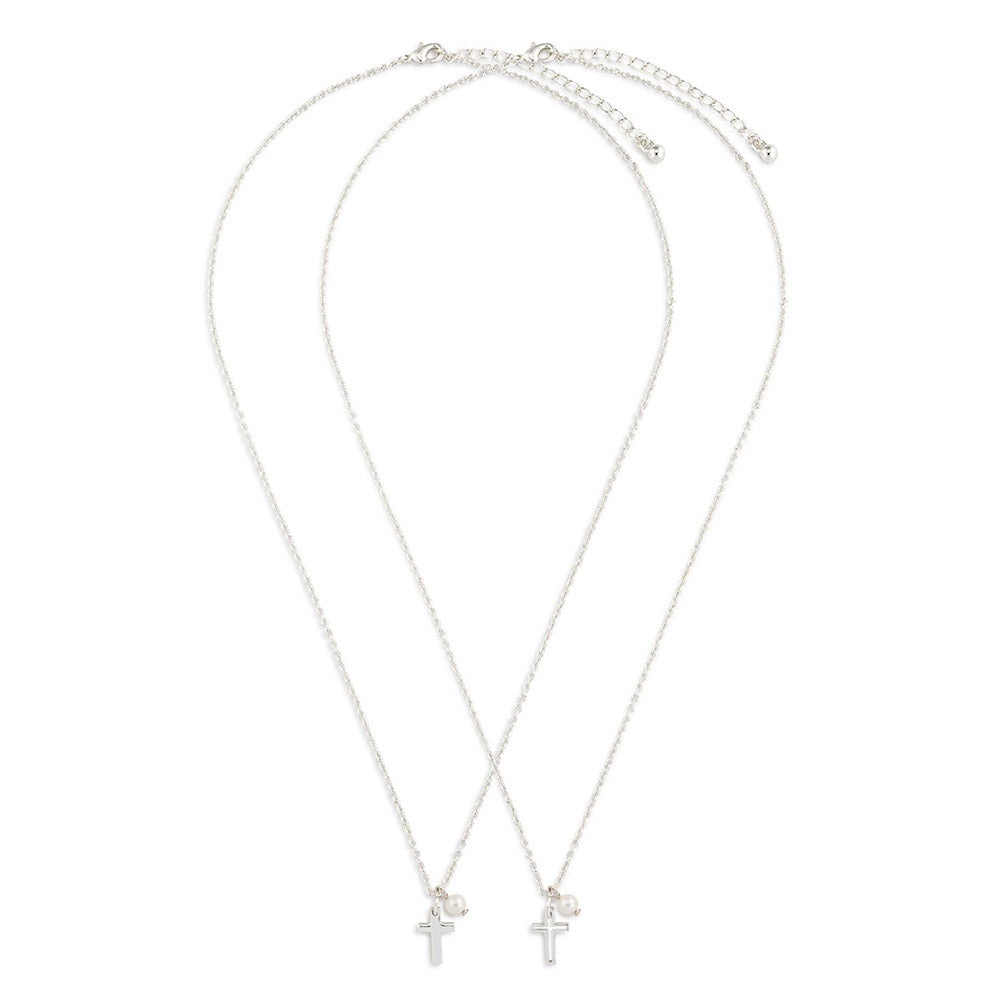 Necklaces, two silver-tone cross pendants with pearl accents, and chain with adjustable clasp closures.