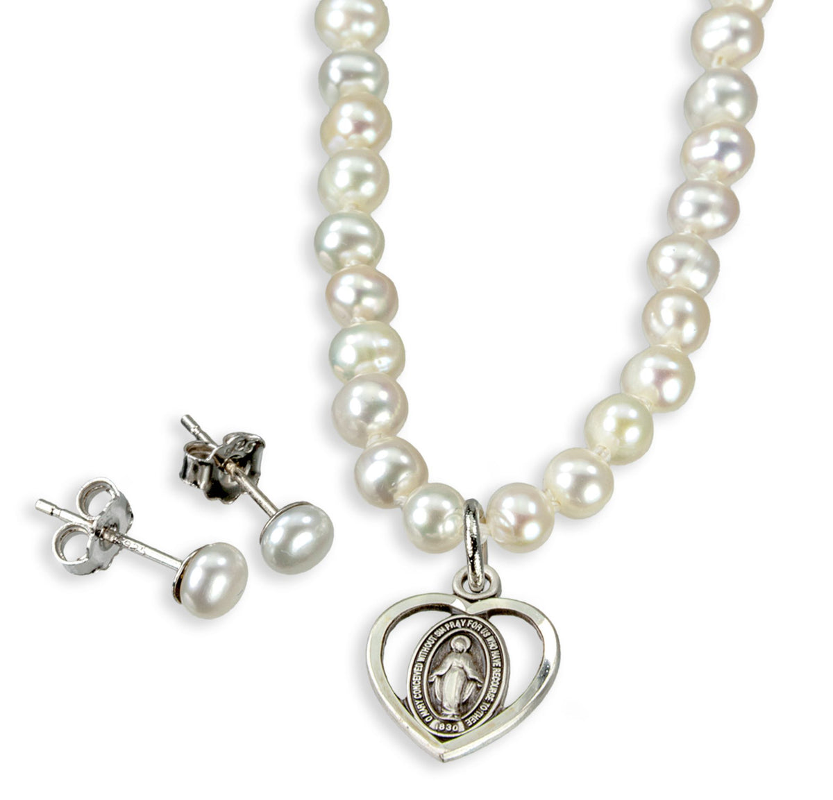 Freshwater Pearl Miraculous Medal & Earring Set