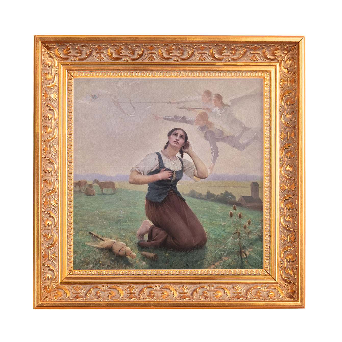 Framed oil painting of Joan of Arc hearing voices, depicted in muted colors and a gold frame.