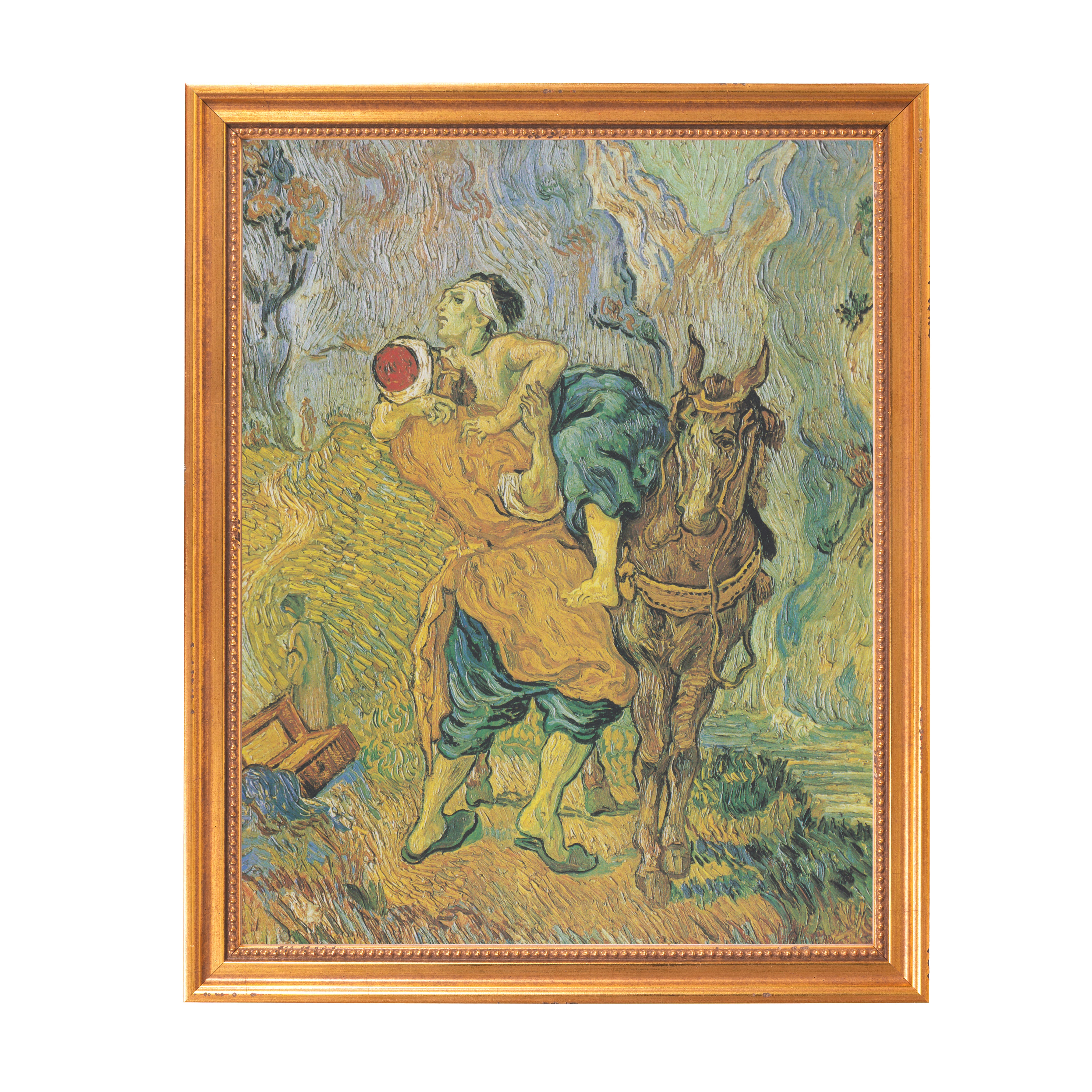 Framed reproduction of Van Gogh's "Good Samaritan", showing man on a donkey, vivid brushstrokes, gold frame.