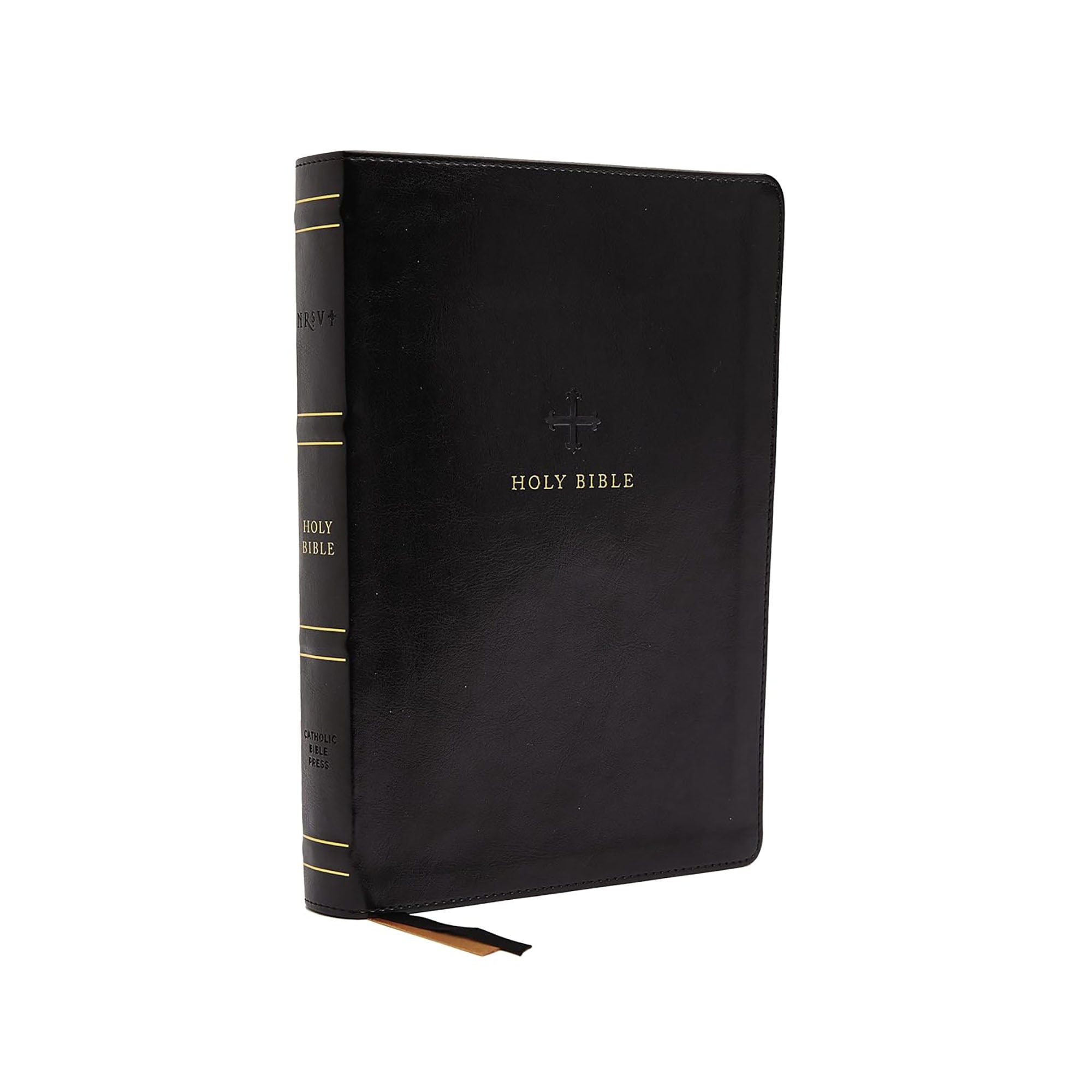 Black, Leather-bound Holy Bible with gold lettering and ribbon bookmark.