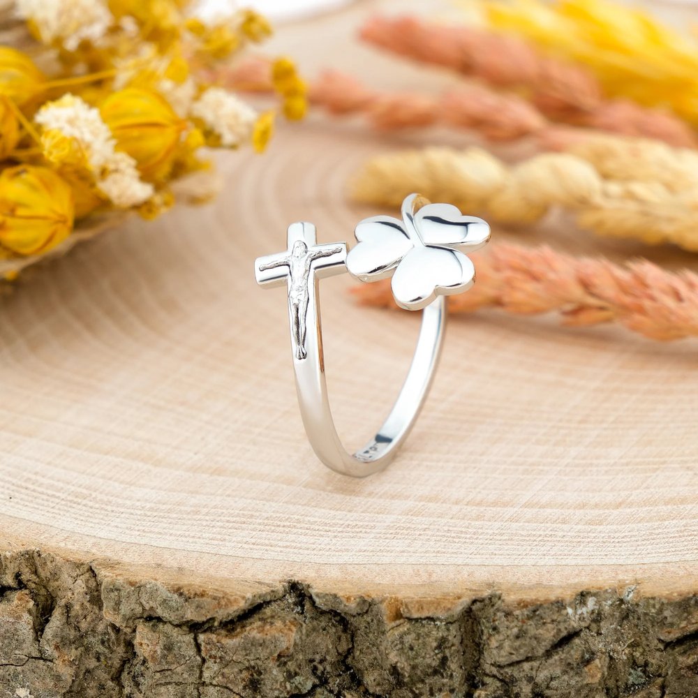 Sterling Silver Irish Trinity Clover & Horizontal Crucifix Adjustable Ring