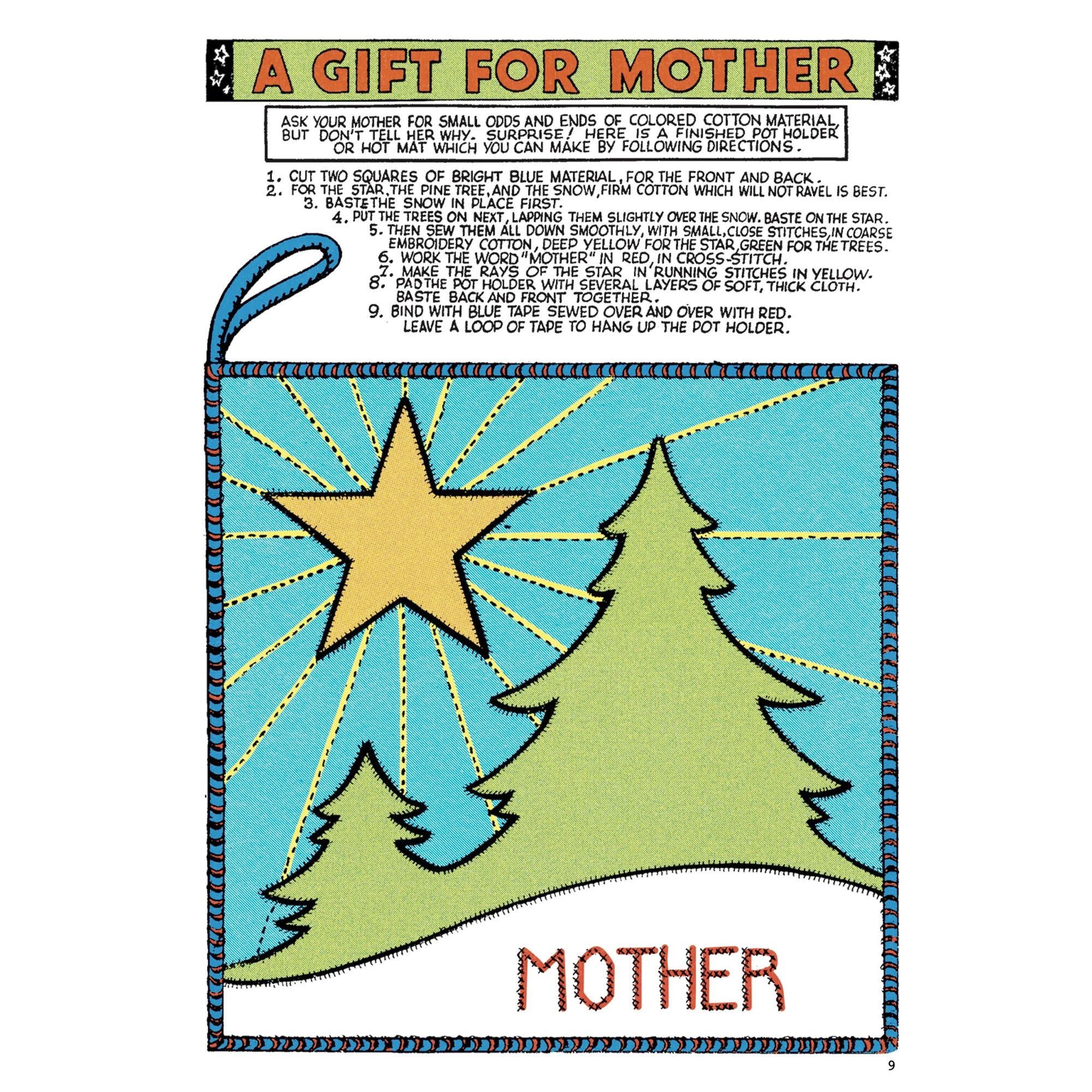 Handmade Pot holder with a yellow star, green trees, and red "Mother" stitched on blue fabric.