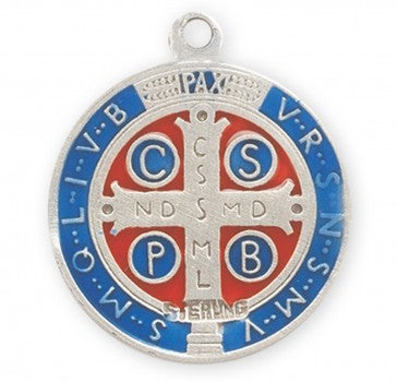 Sterling & Blue Enameled St. Benedict Medal Necklace - 24"