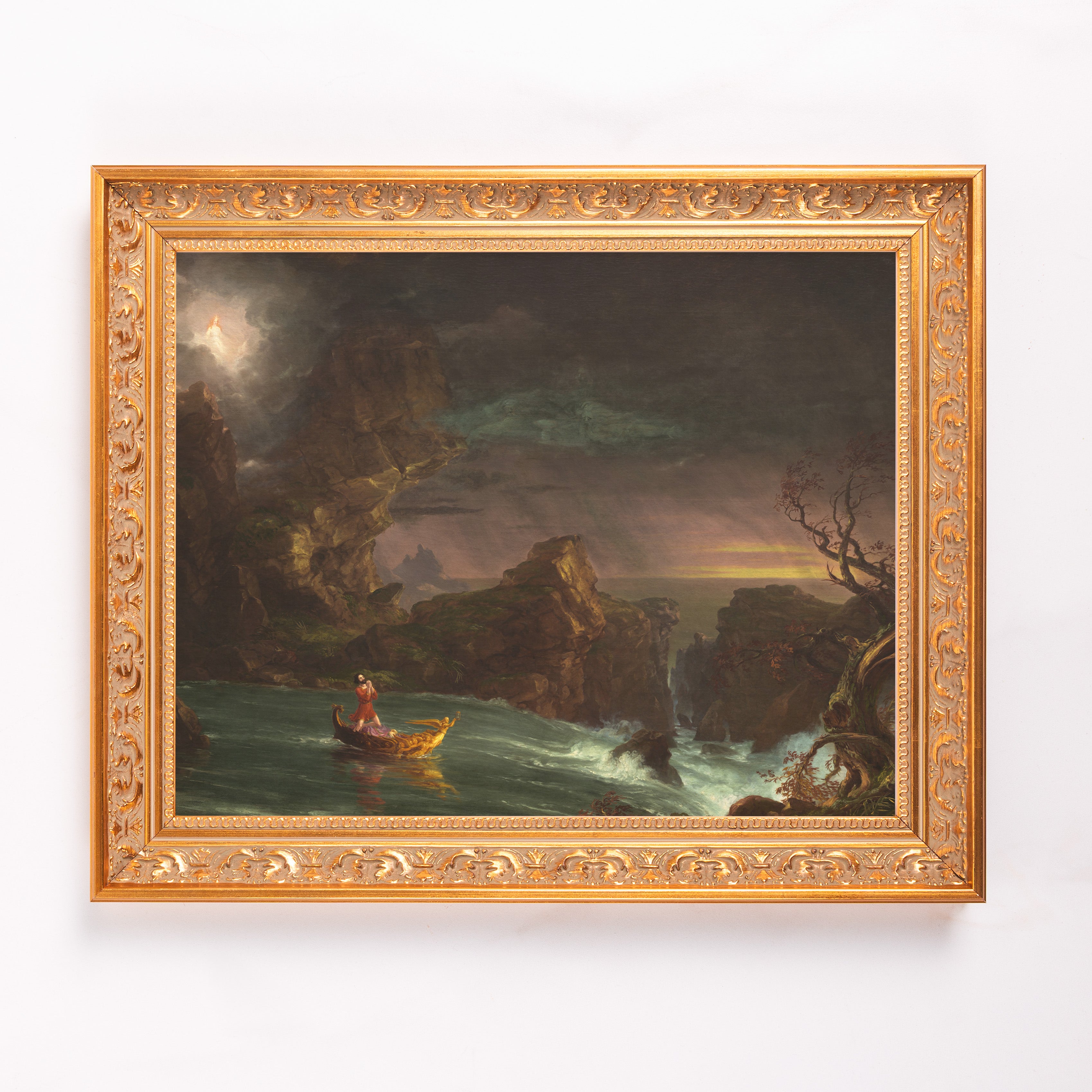 Framed oil painting depicts a man on a gold boat amidst turbulent waters, with a golden frame in an ornate style.