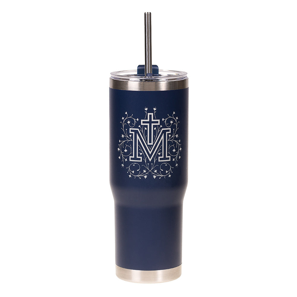 Personalized Floral Marian Cross Tumbler with Straw | The Catholic