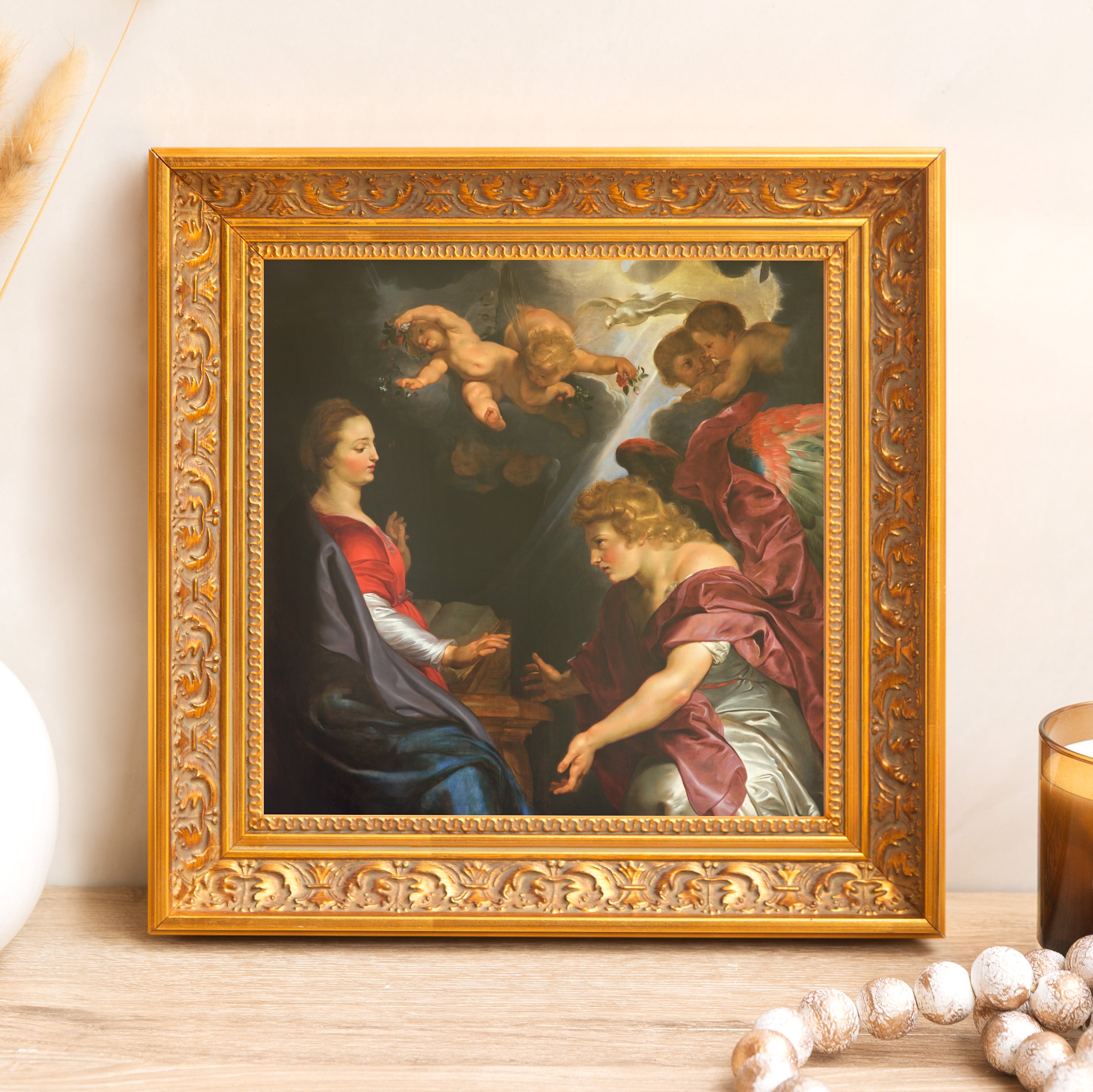 Framed Artwork depicts The Annunciation scene in classic style with an ornate, golden frame.