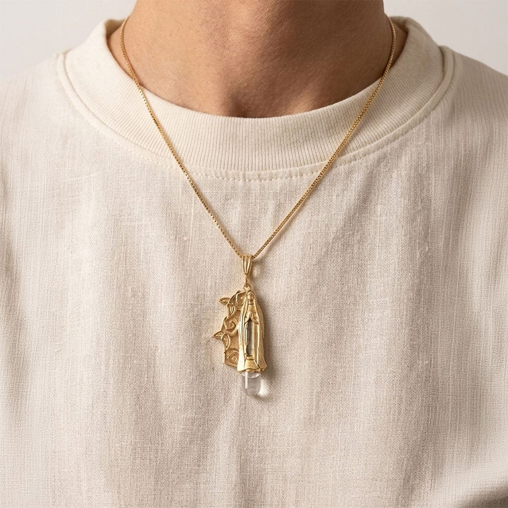 Gold Over Sterling Silver Our Lady of Lourdes Rose Necklace with Lourdes Water