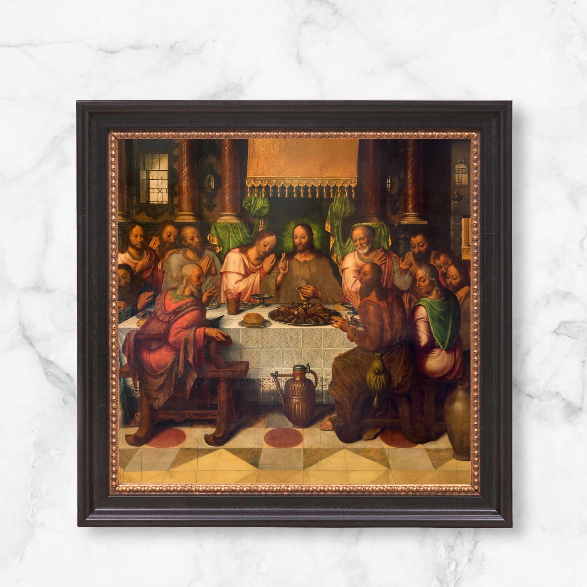 Framed "Last Supper" wall art print; Renaissance style painting with a dark wood frame.