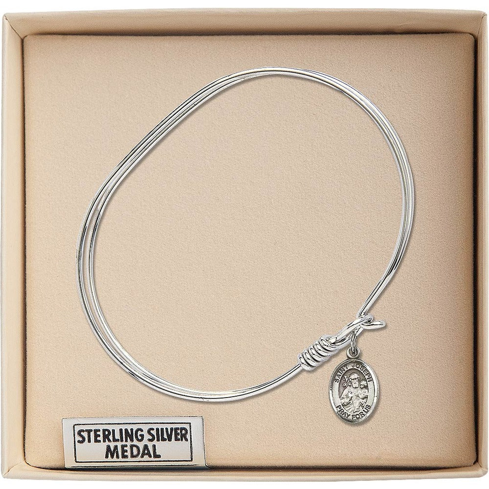 Adult 7" Oval  Rhodium Plated Bangle Bracelet with St. Joseph Medal Charm