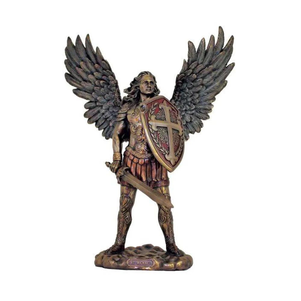 St. Michael statue, bronzed resin figure with wings, sword, and shield with cross.