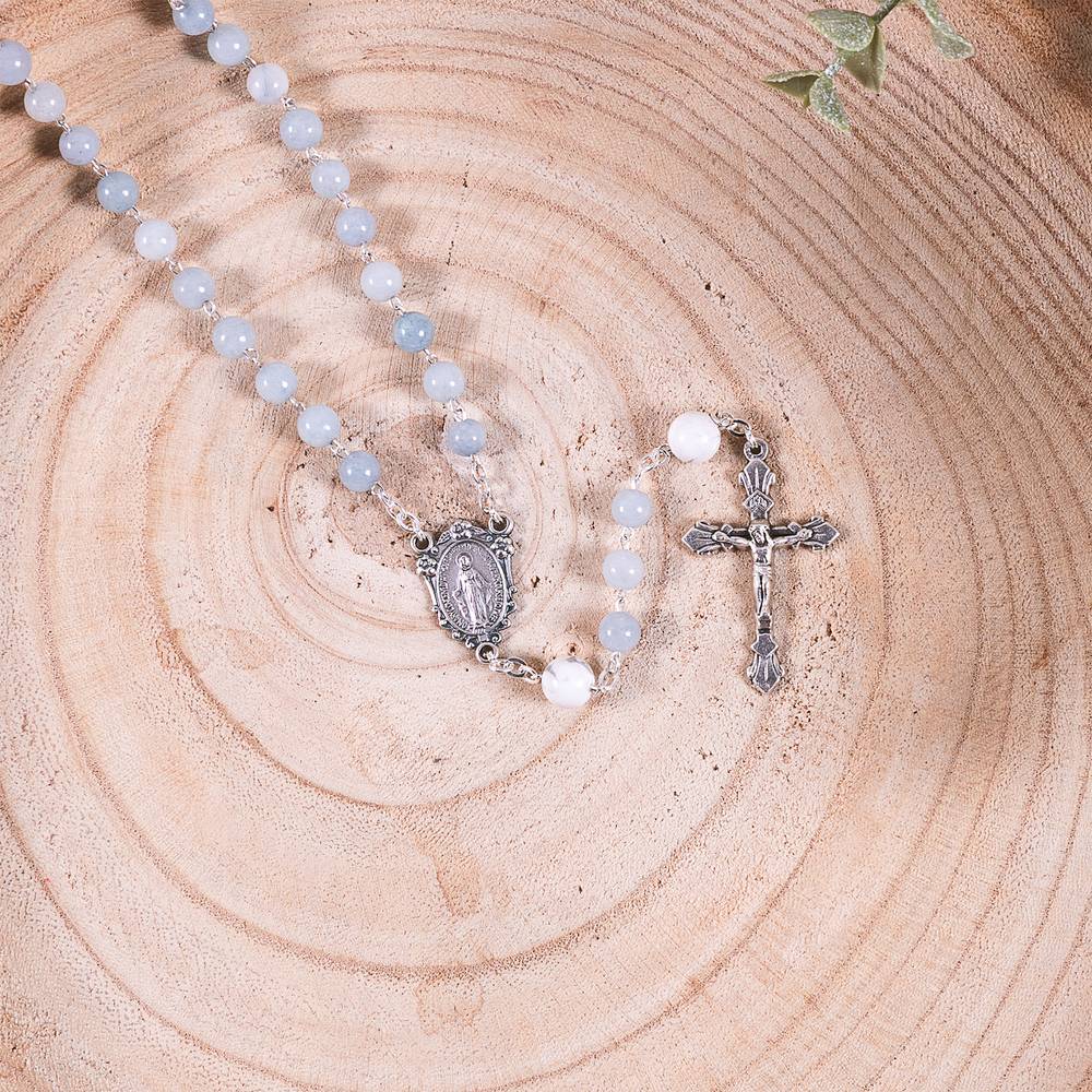 Blue Gray Angelite & Aulite Miraculous Medal Gemstone Rosary