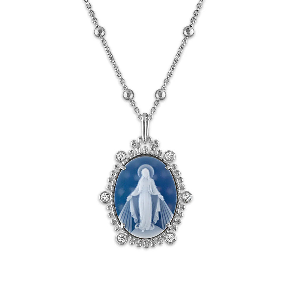 Necklace features a blue cameo of the Virgin Mary in a silver setting with gem accents.