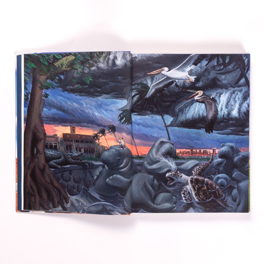 Open children's book featuring a vibrant painted scene of Florida wildlife and cityscape at sunset.