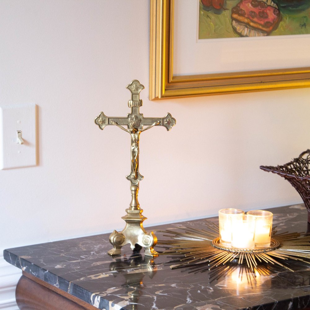 Heavy Three Point Brass Base Crucifix -  13 1/4 inches