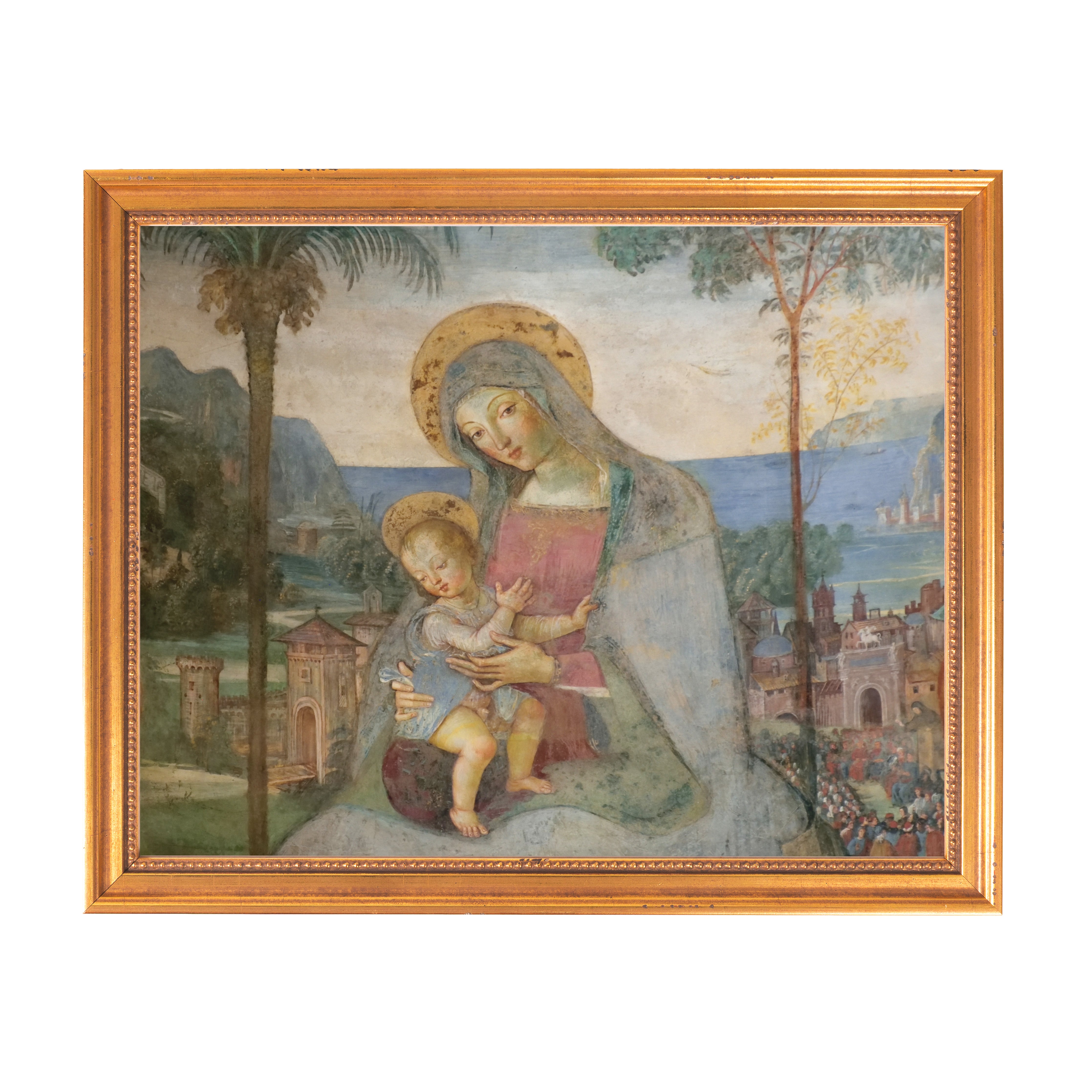Framed Madonna and Child painting with golden frame in Renaissance style.
