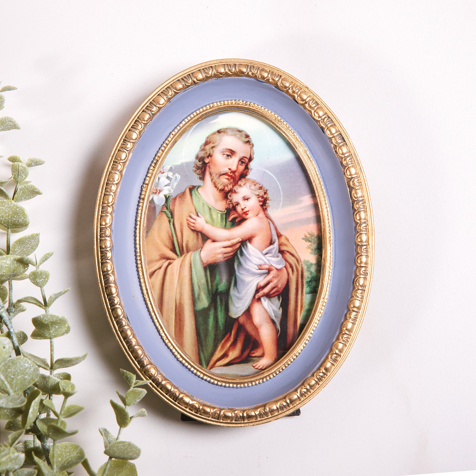 St. Joseph & Child Jesus Print in Blue Oval Frame - 7.5" x 5.5"