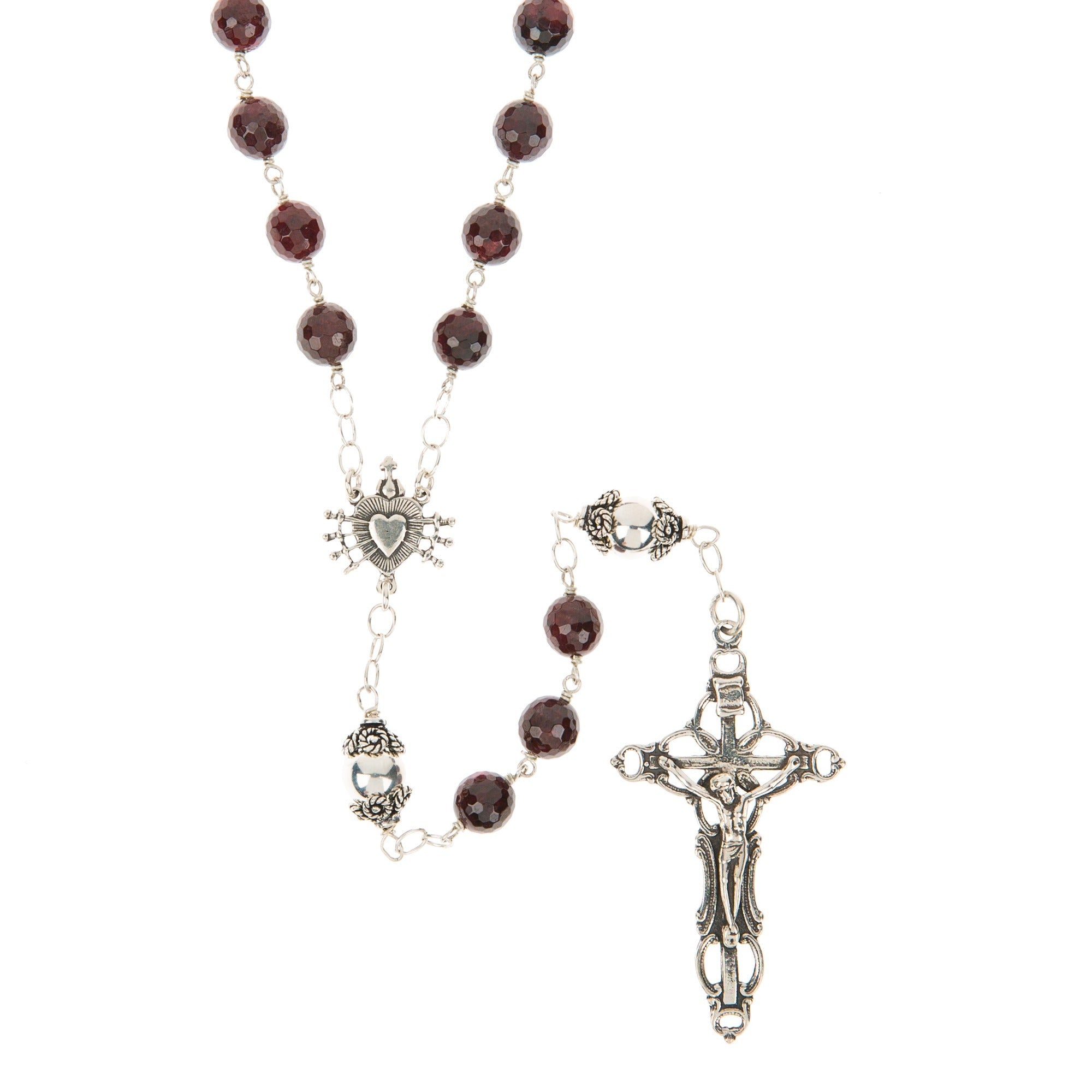 Sterling Silver Seven Sorrows Garnet Rosary, 7mm