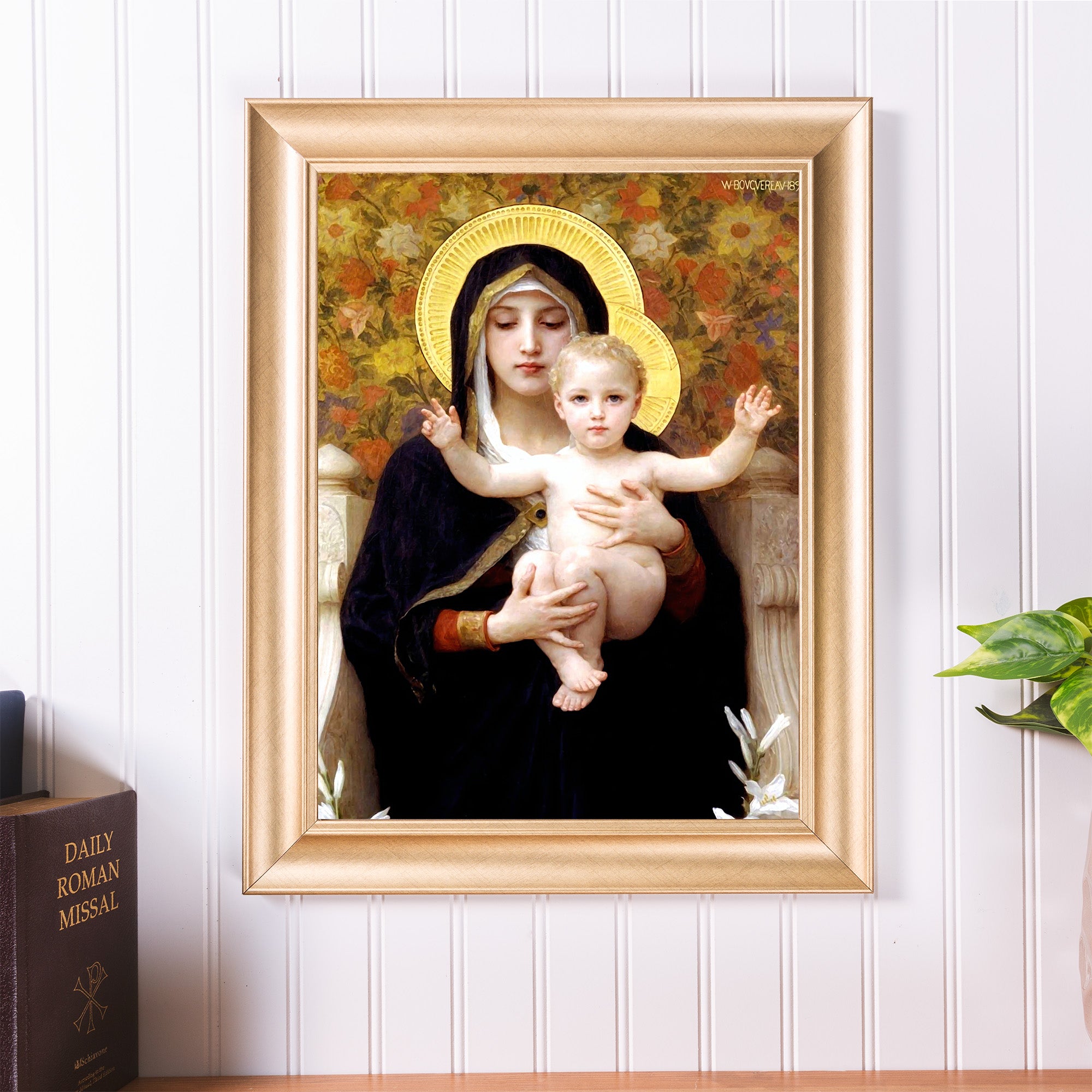 Framed Virgin Mary and child art print in a gold-tone frame with floral details for home decor.