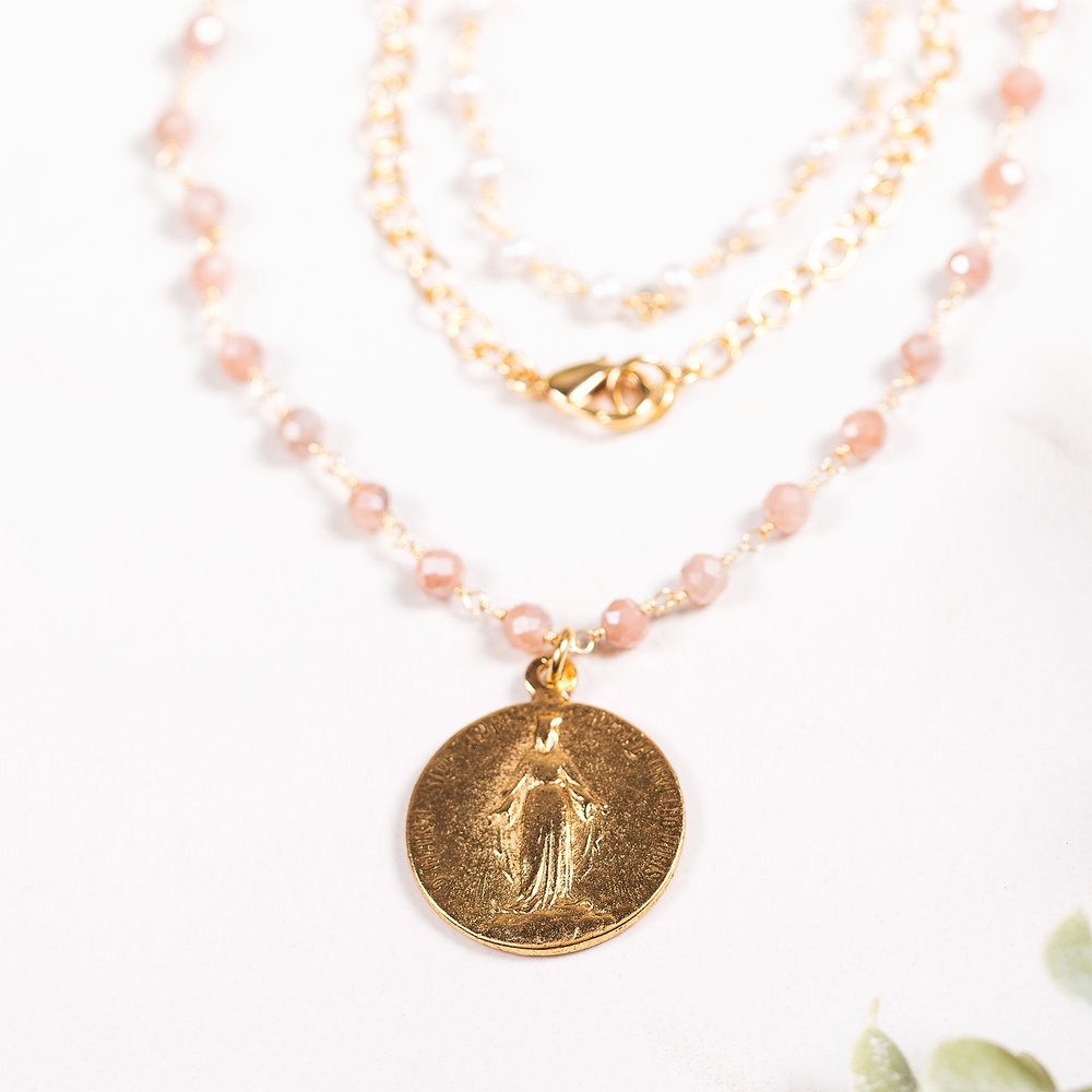 Double Strand Beaded Miraculous Medal Necklace