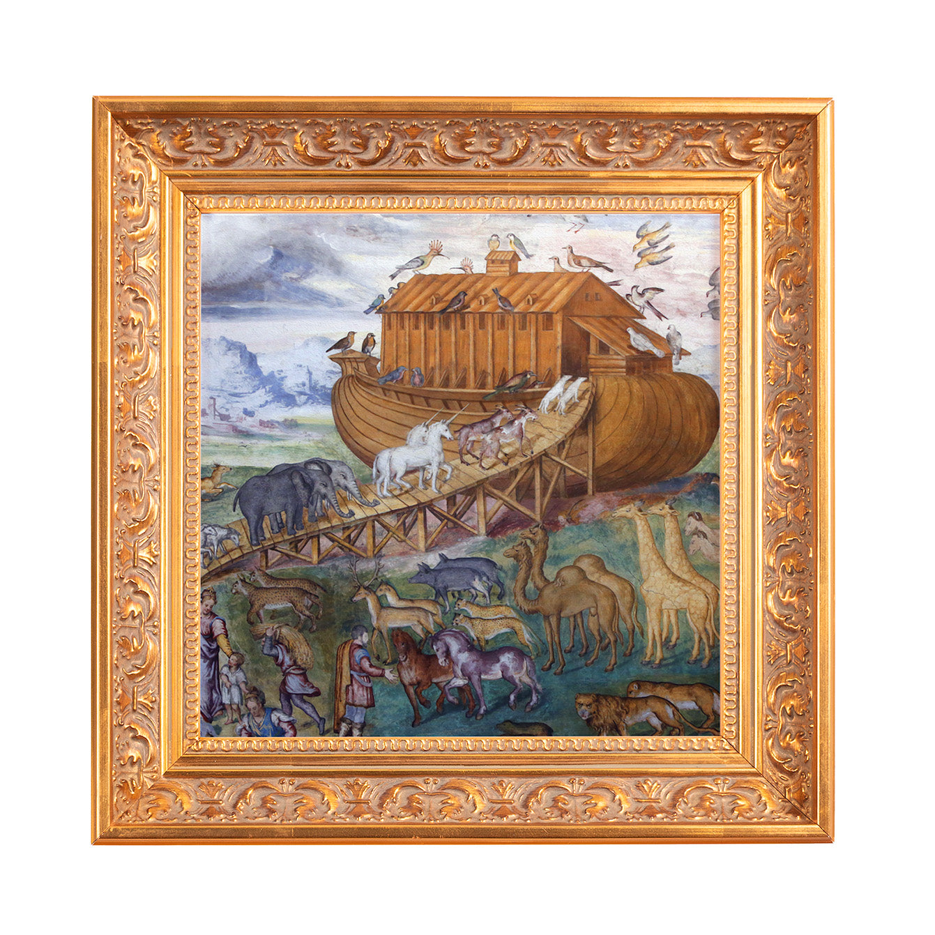 Framed print depicts Noah's Ark: animals boarding wood ark, ornate gold frame.