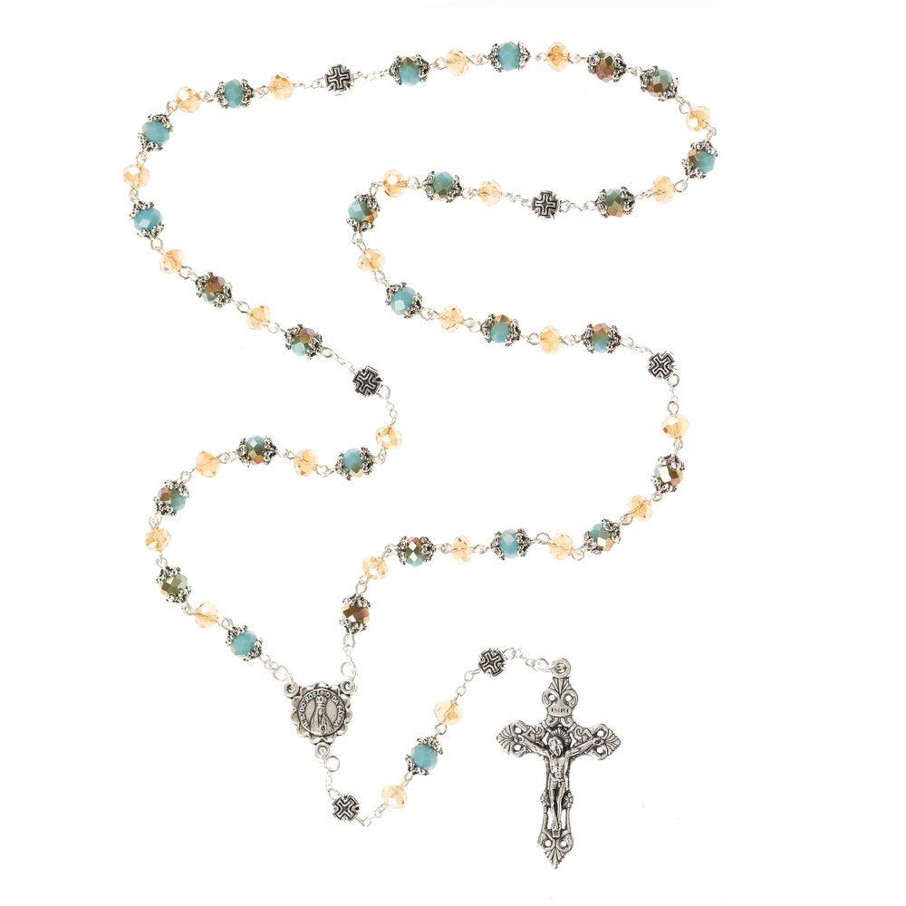 Southwestern Style Our Lady of Fatima Aqua & Peach Crystal Rosary