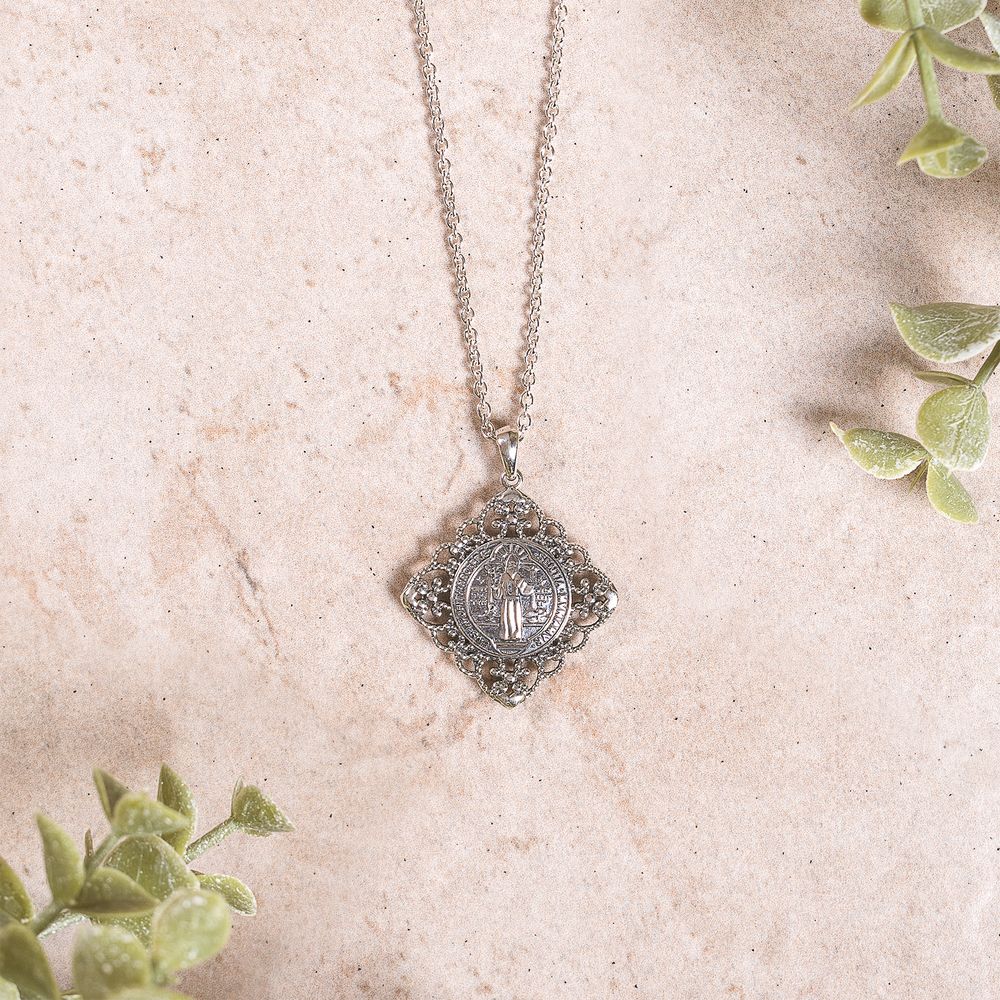 Sterling Vintage Filigree St. Benedict Medal Necklace