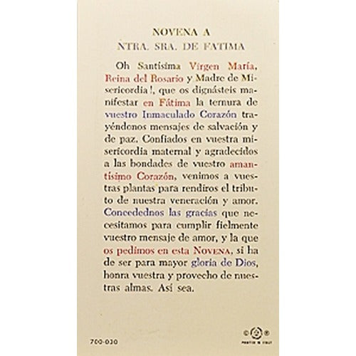 Novena a Nuestra Senora de Fatima – (Our Lady of Fatima) -Spanish Prayer Card