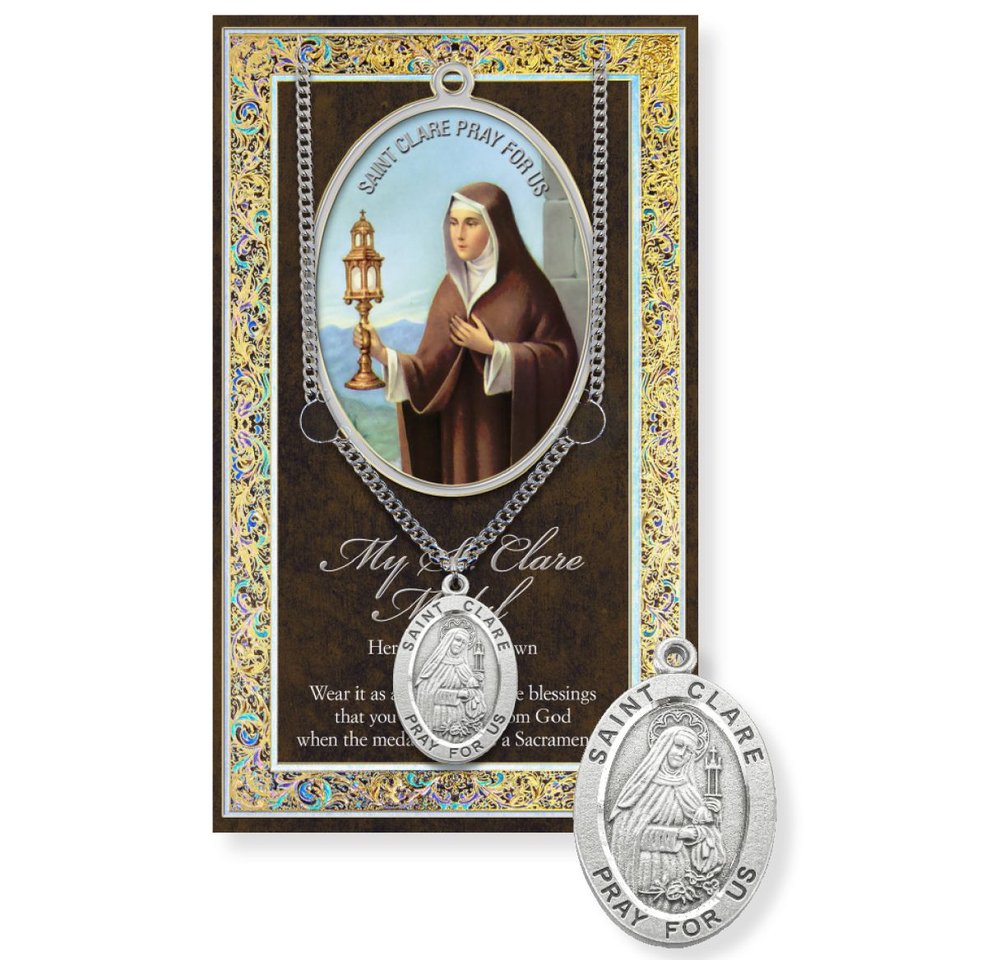 St. Clare Pewter Medal Necklace & Prayer Card Pamphlet - 18"