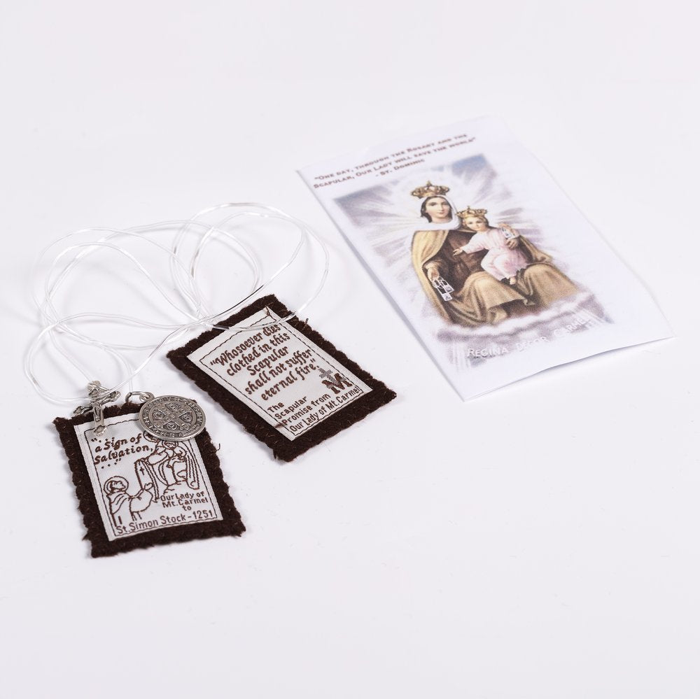 Handmade Brown Scapular with Clear Cord & Medals - 18"