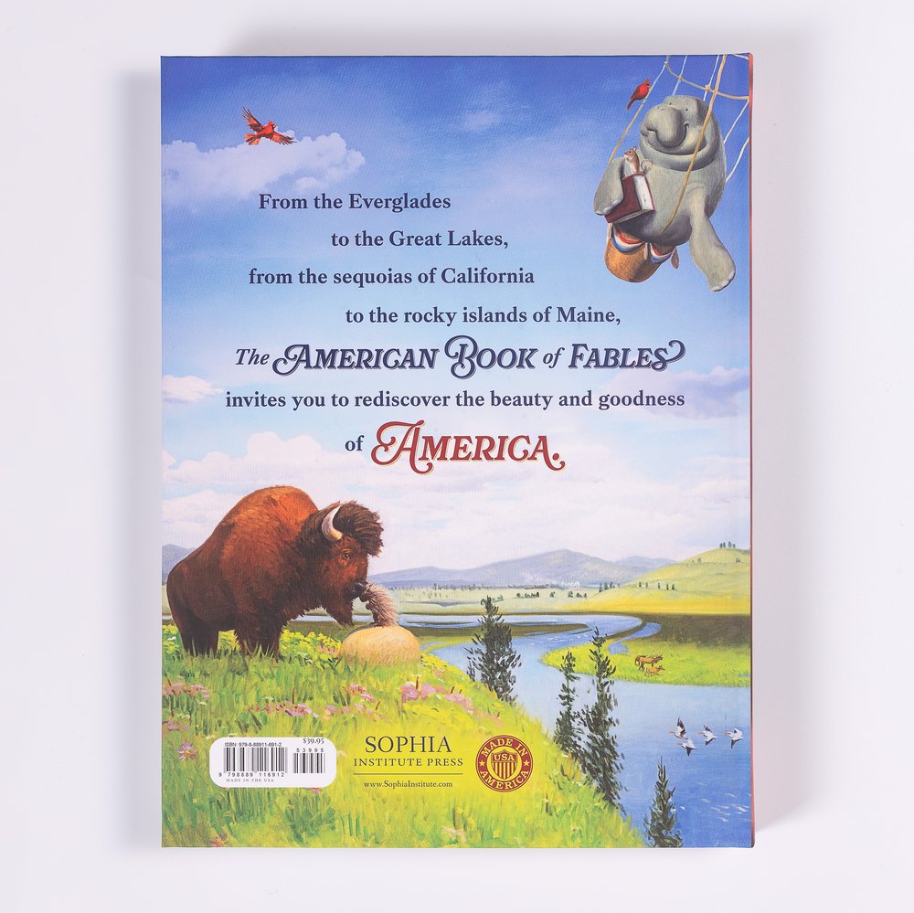 Backside of "American Book of Fables" in colorful picture book style with a bison and manatee.