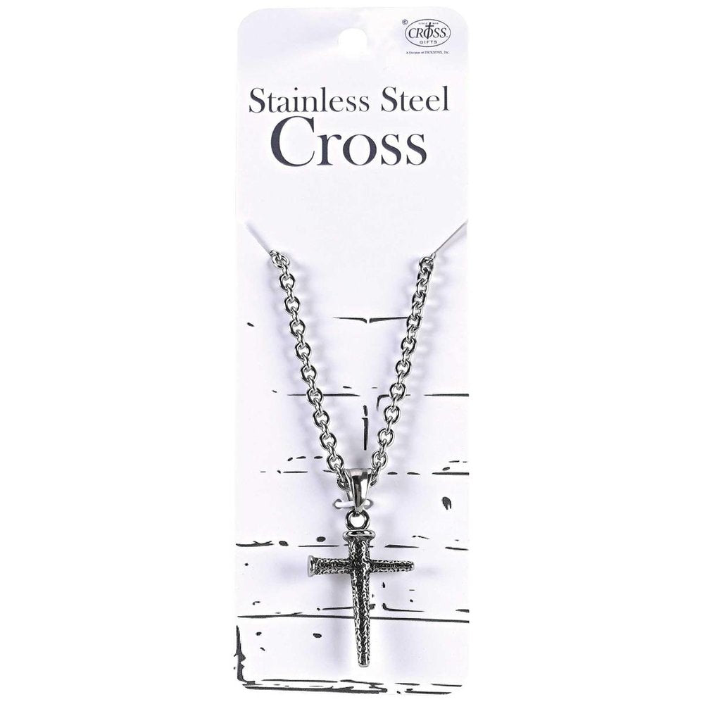 Stainless Steel Etched Nail Cross Necklace - 18"