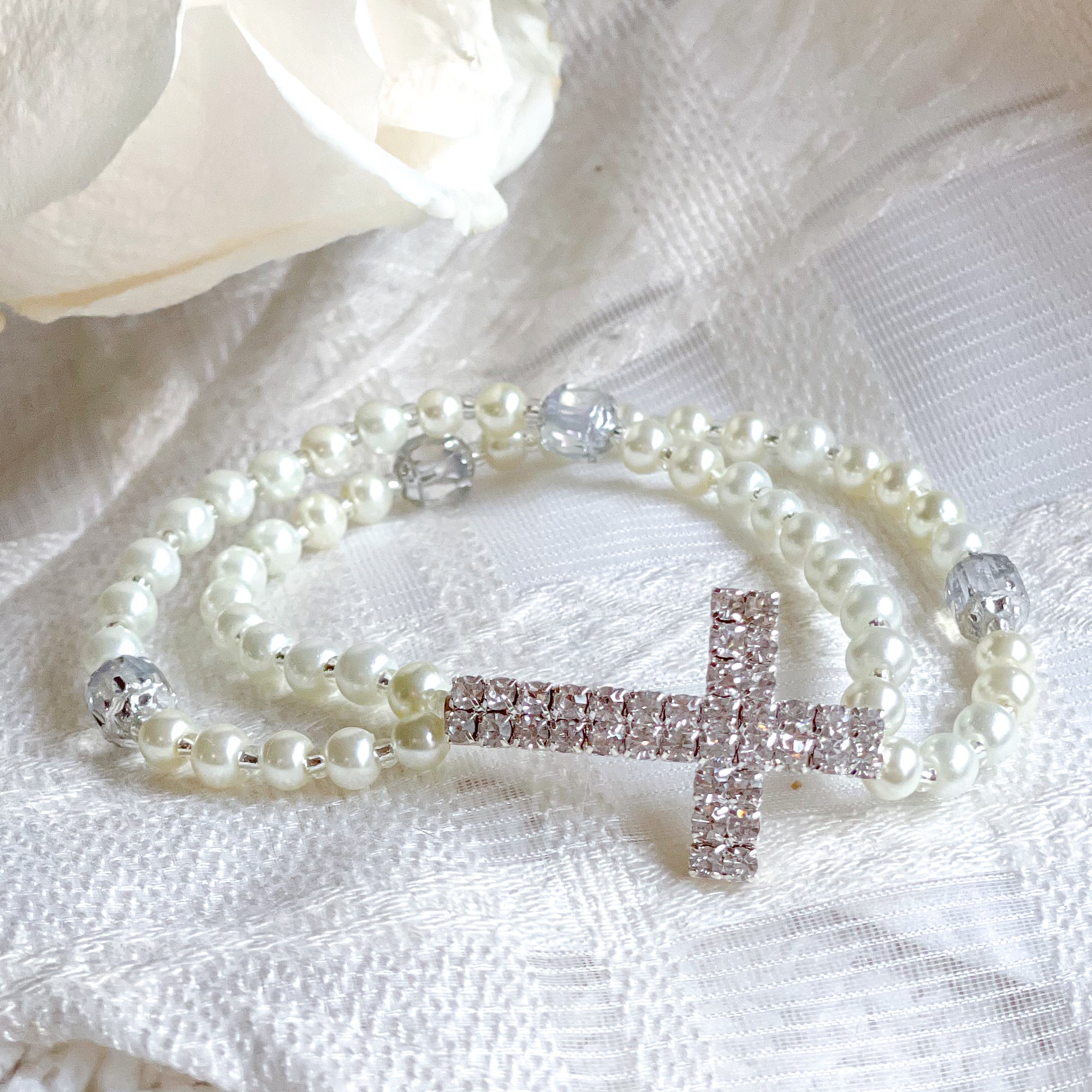 Rhinestone Cross & Pearl First Communion Rosary Bracelet