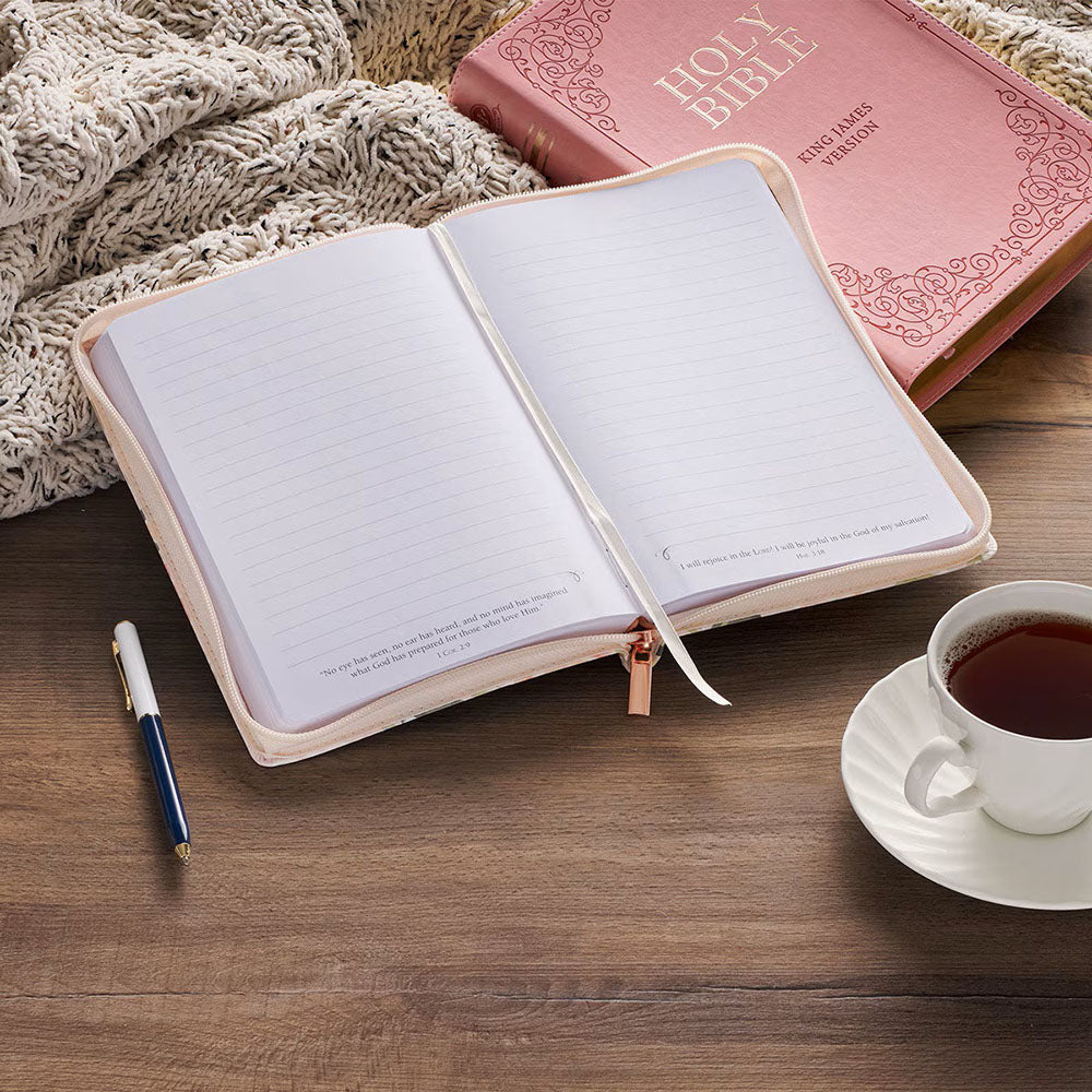 Strength & Honor Pink Floral Faux Leather Journal with Zipper