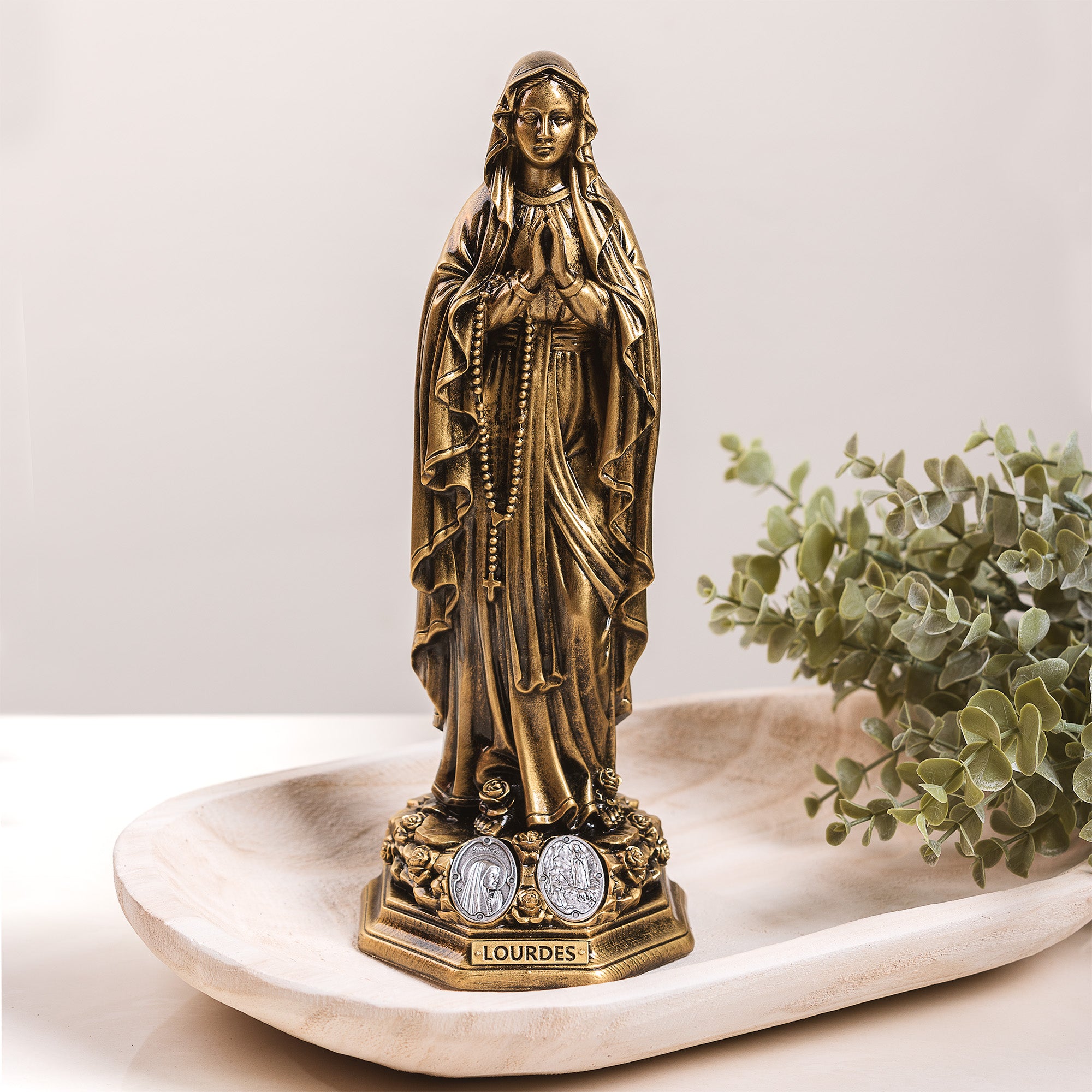 Painted Bronze Lourdes Statue with Medals - 11.8"