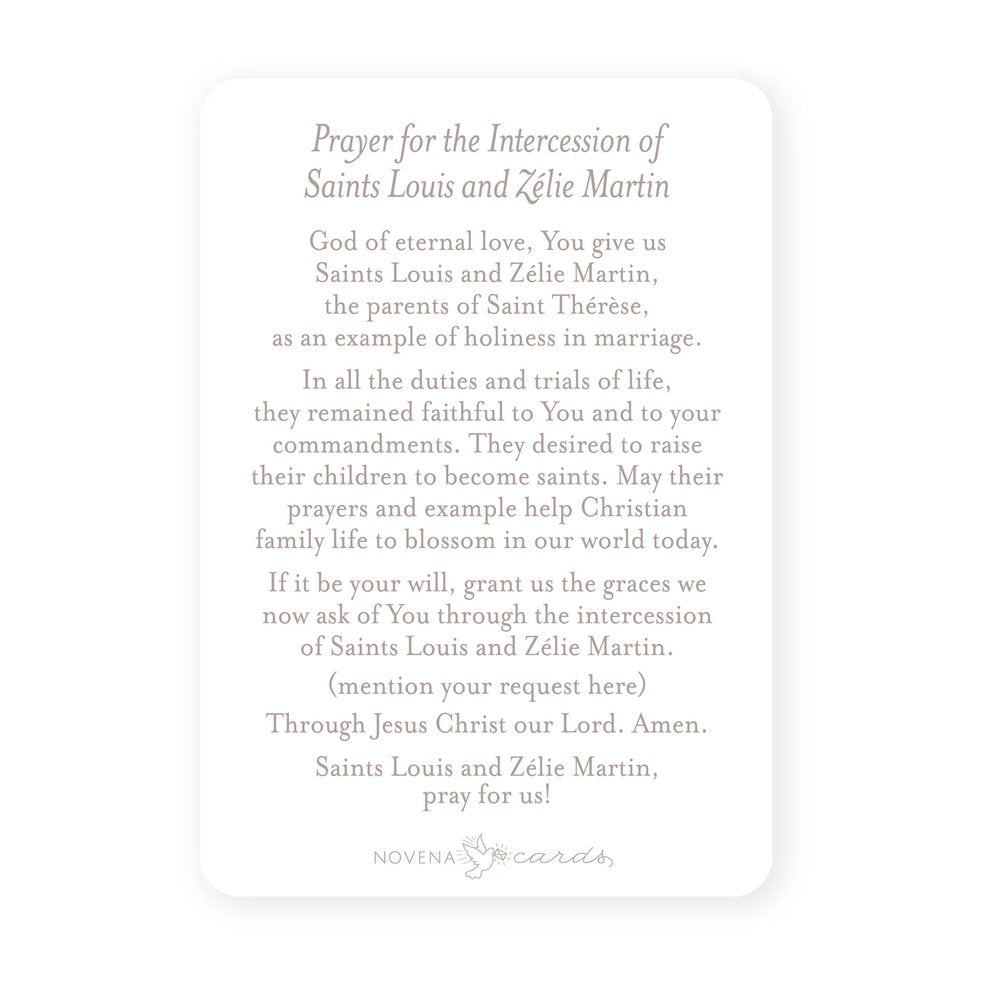 Prayer card with rounded corners and a prayer to Saints Louis and Zélie Martin printed in gray ink.