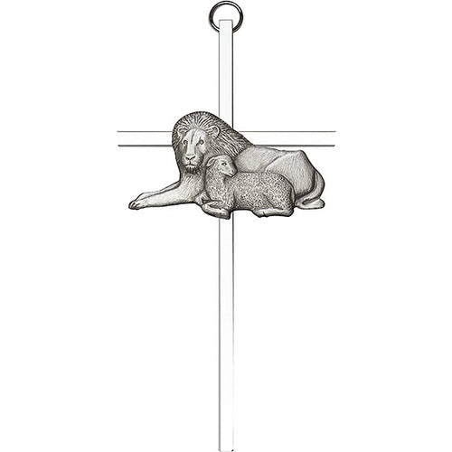 6 inch Antique Silver Lion & Lamb on a Polished Silver Finish Cross