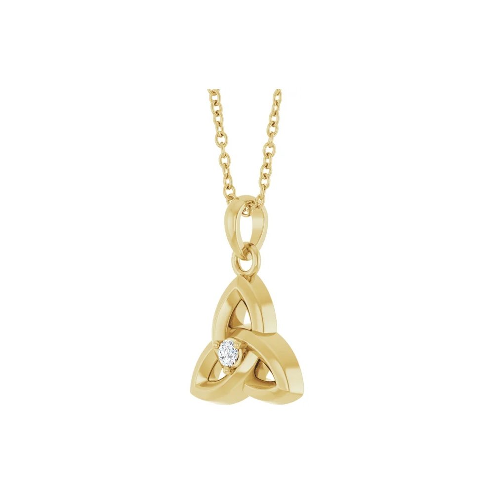 Gold necklace with a trefoil pendant and a diamond accent.