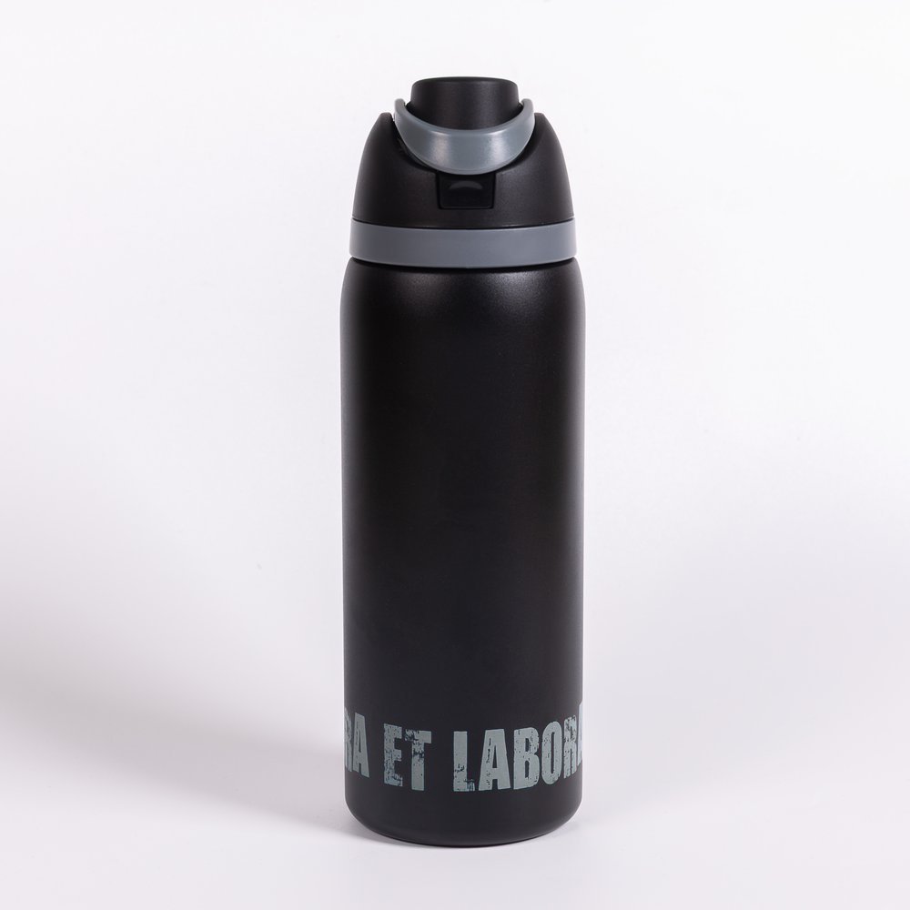 Black, matte metal water bottle with gray accents and flip-top lid, featuring text at the bottom.