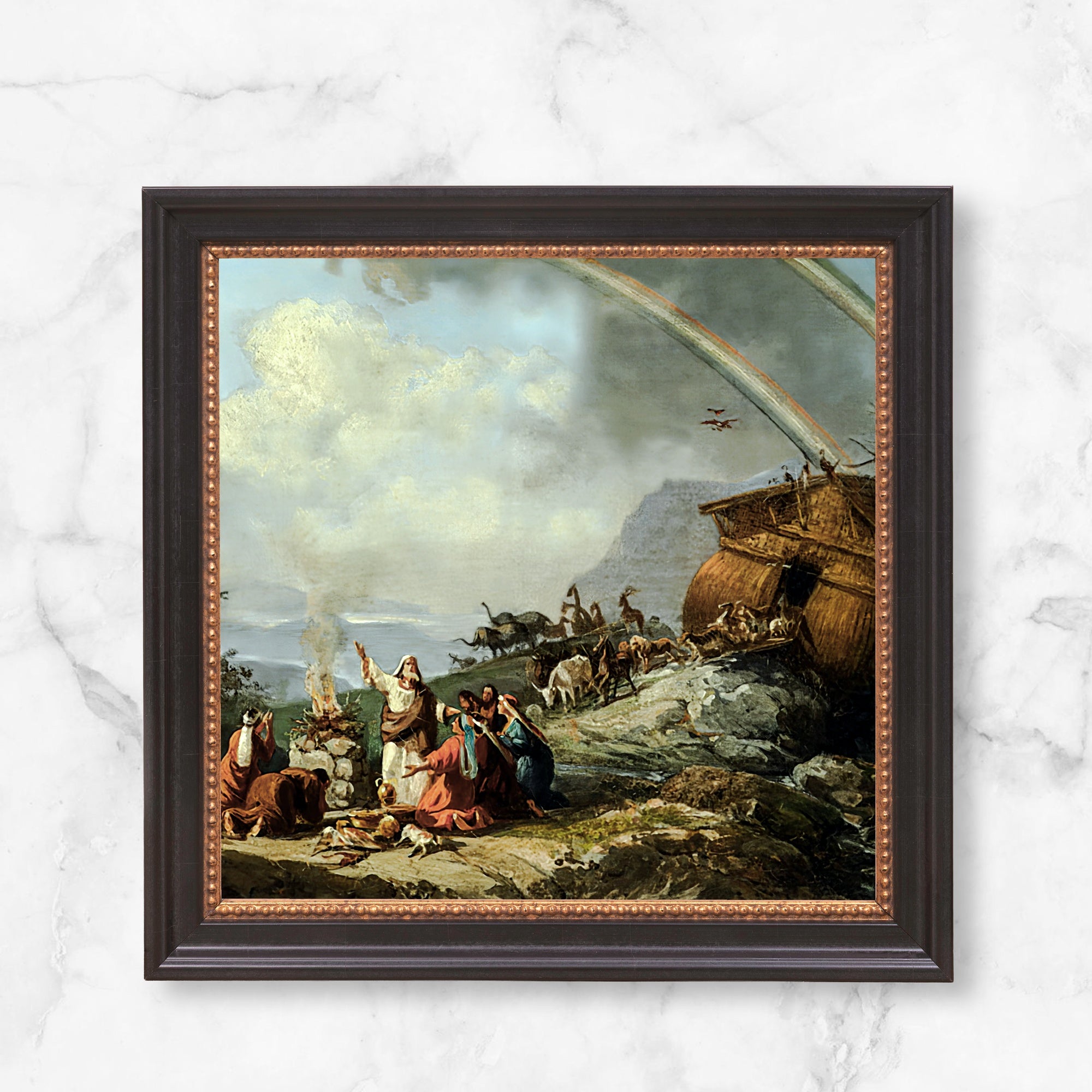 Framed "Noah's Sacrifice" painting with a black and gold frame; depicts Noah's Ark and family offering sacrifice to God.