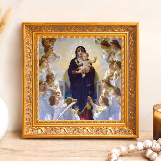 Framed painting of Madonna and child surrounded by angels in ornate gold frame.