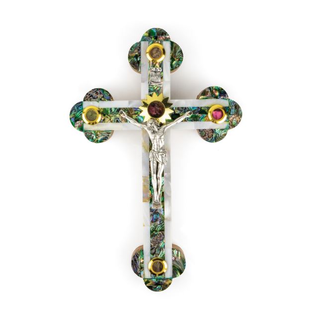 Olive Wood & Mother of Pearl Crucifix with 5 Elements - 11"