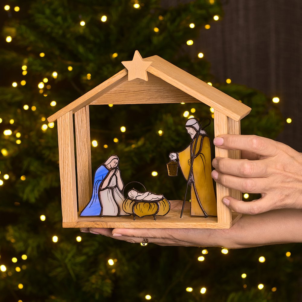 Handcrafted Stained Glass Nativity Scene with Wooden Stable