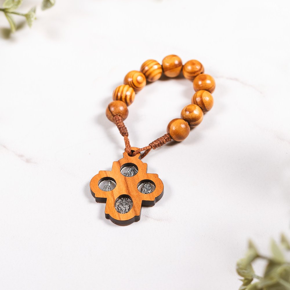 Olive Wood Four Way Medal Finger Rosary
