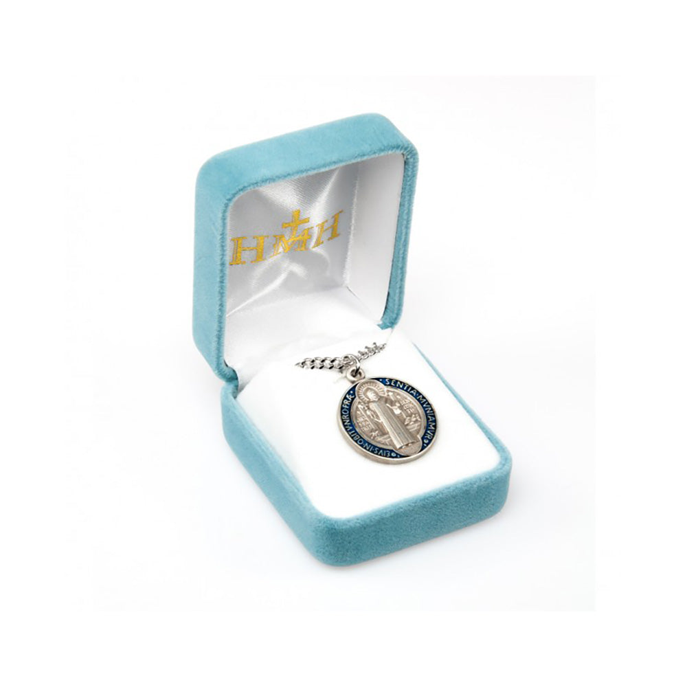 Sterling & Blue Enameled St. Benedict Medal Necklace - 24"