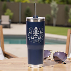 Personalized Floral Marian Cross Tumbler with Straw