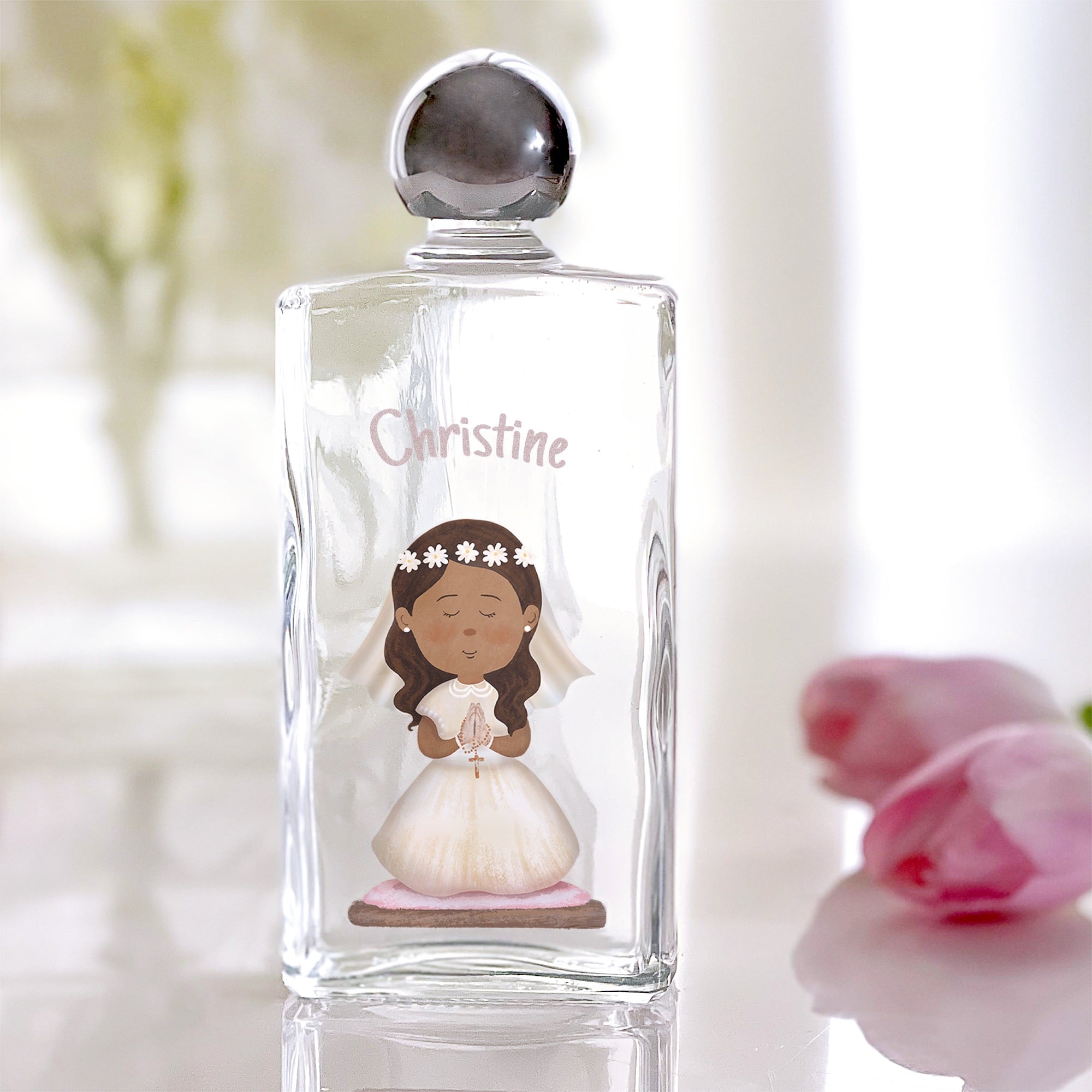 Glass Holy water bottle with a silver cap and a personalized first communion girl illustration.