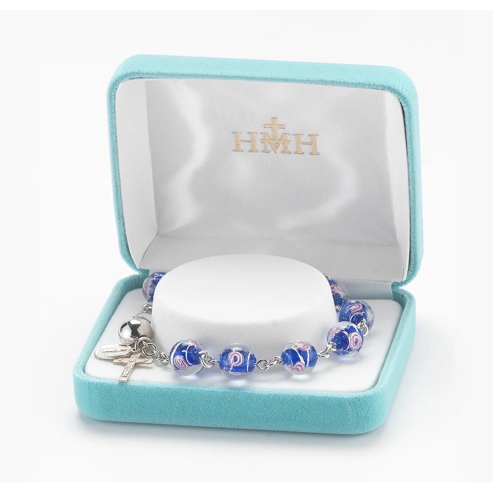 Blue Venetian-Style Glass Rose Rosary Bracelet