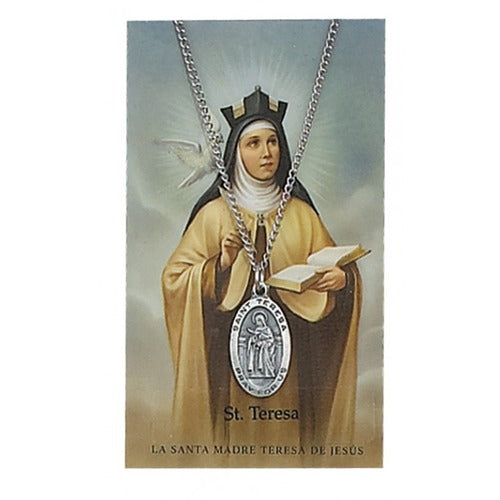 Pewter St. Teresa of Avila Medal Necklace & Laminated Prayer Card